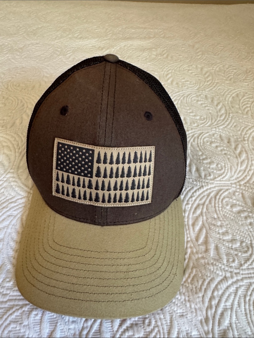 Brown and Olive Two-Tone Trucker Hat with Flag Patch